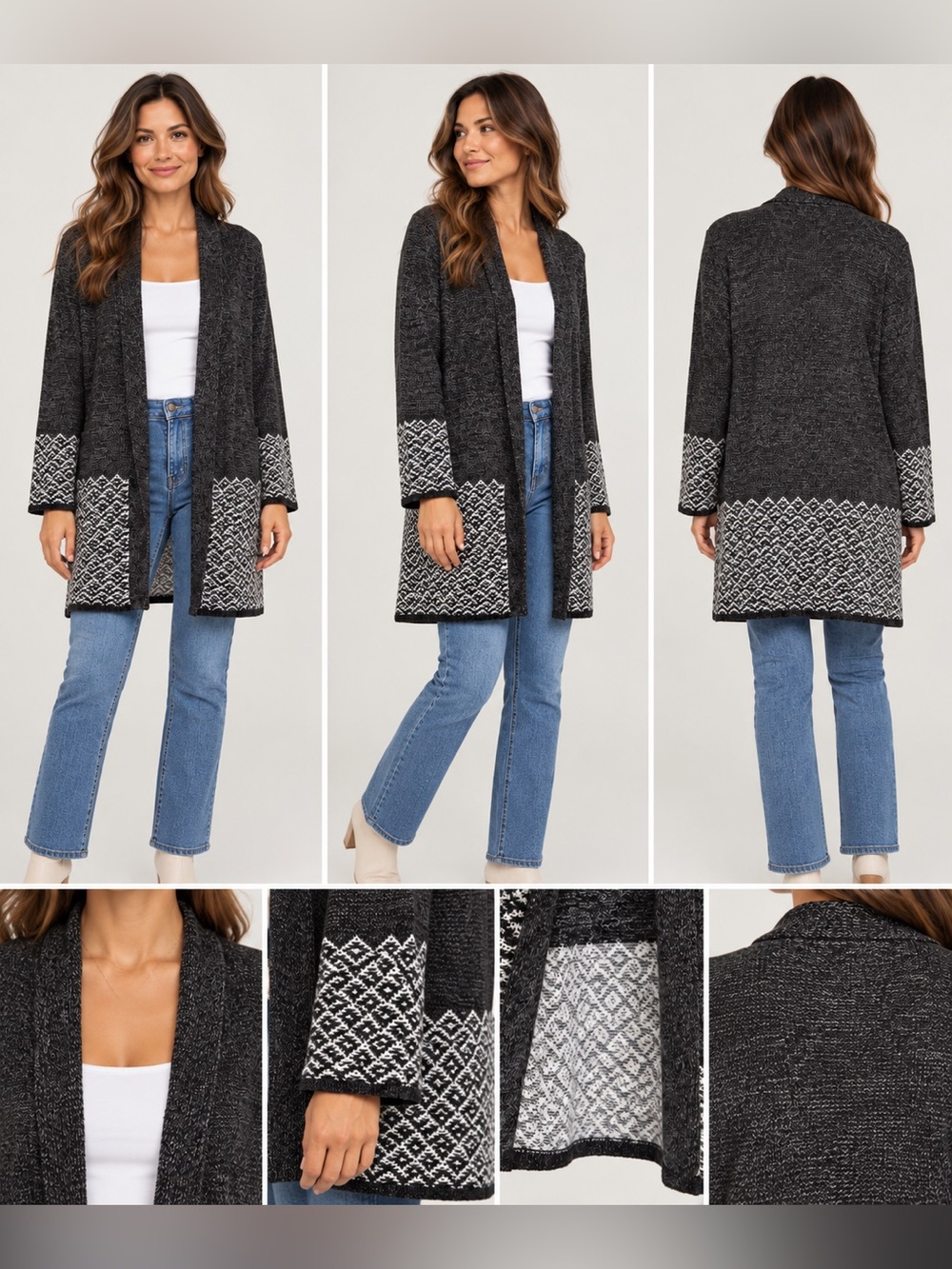 Karen Scott Black & White Open-Front Patterned Cardigan